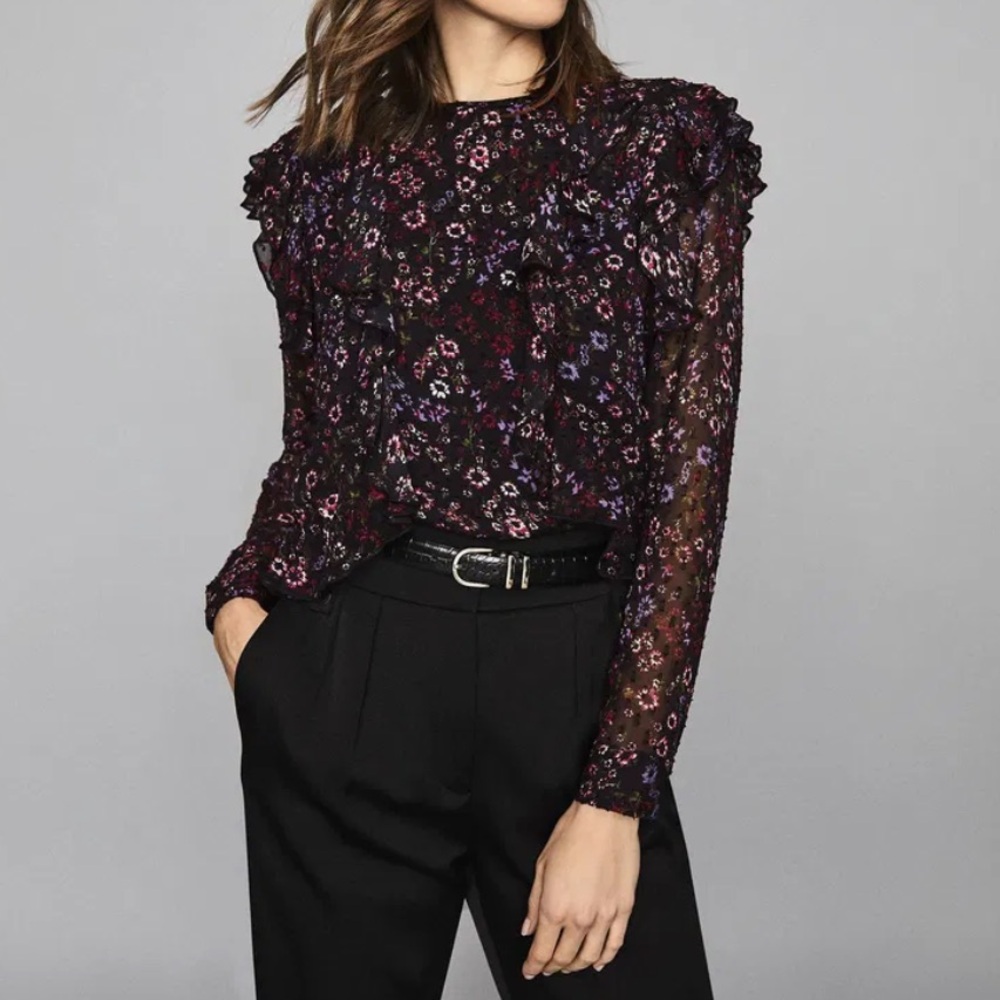Reiss Black Floral Ruffled Long-Sleeve Blouse 8